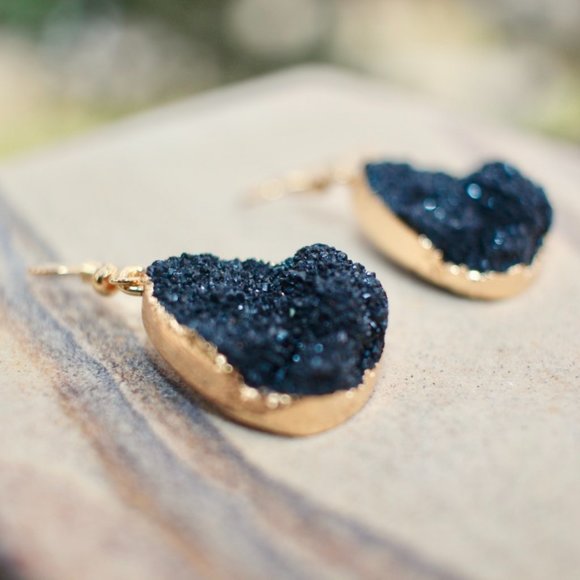 New 14K Gold Black Druzy Teardrop Dangle Earrings - Picture 7 of 13